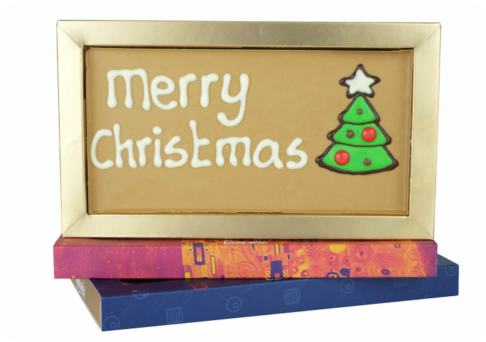 Chocolade kerstkaart met tekst: Merry Christmas