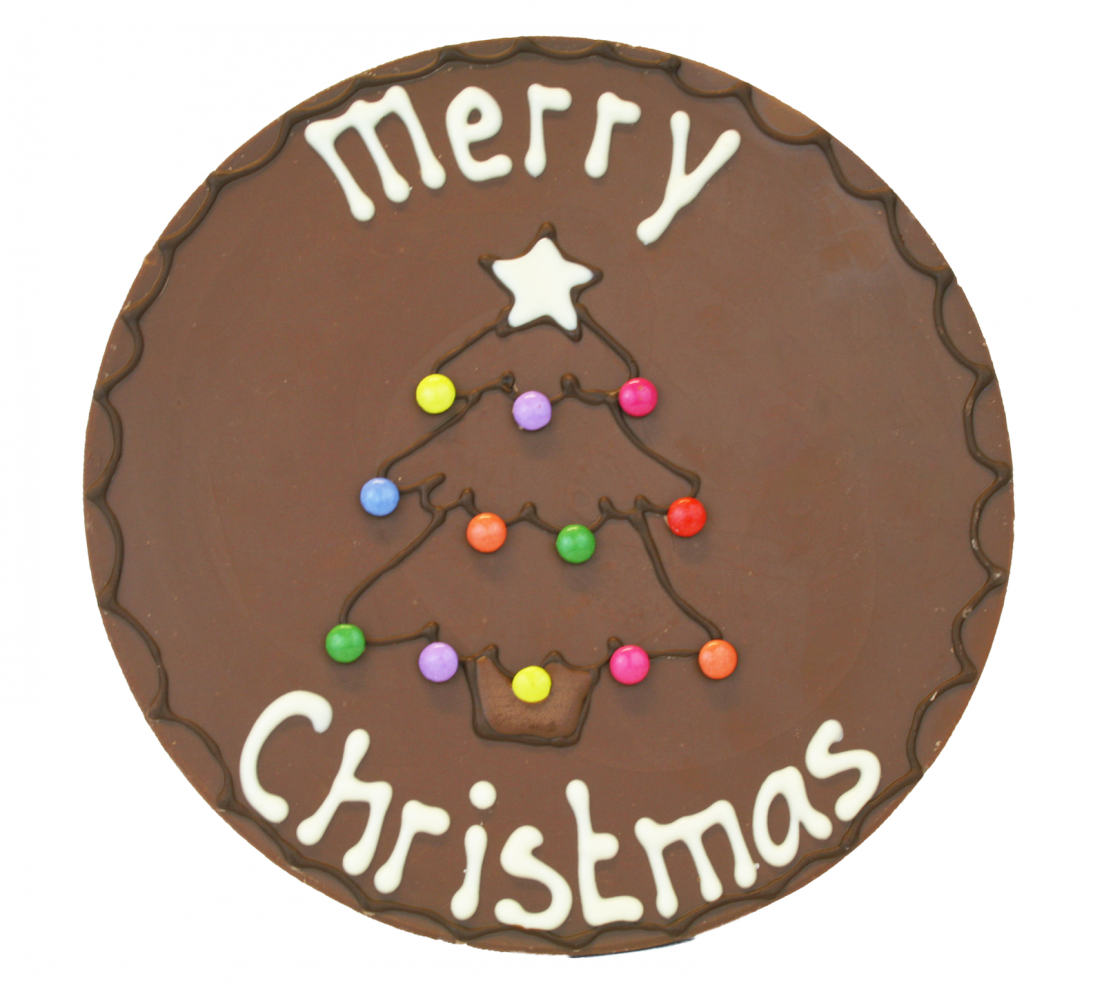 Rond chocoladeplakkaat met tekst: merry christmas