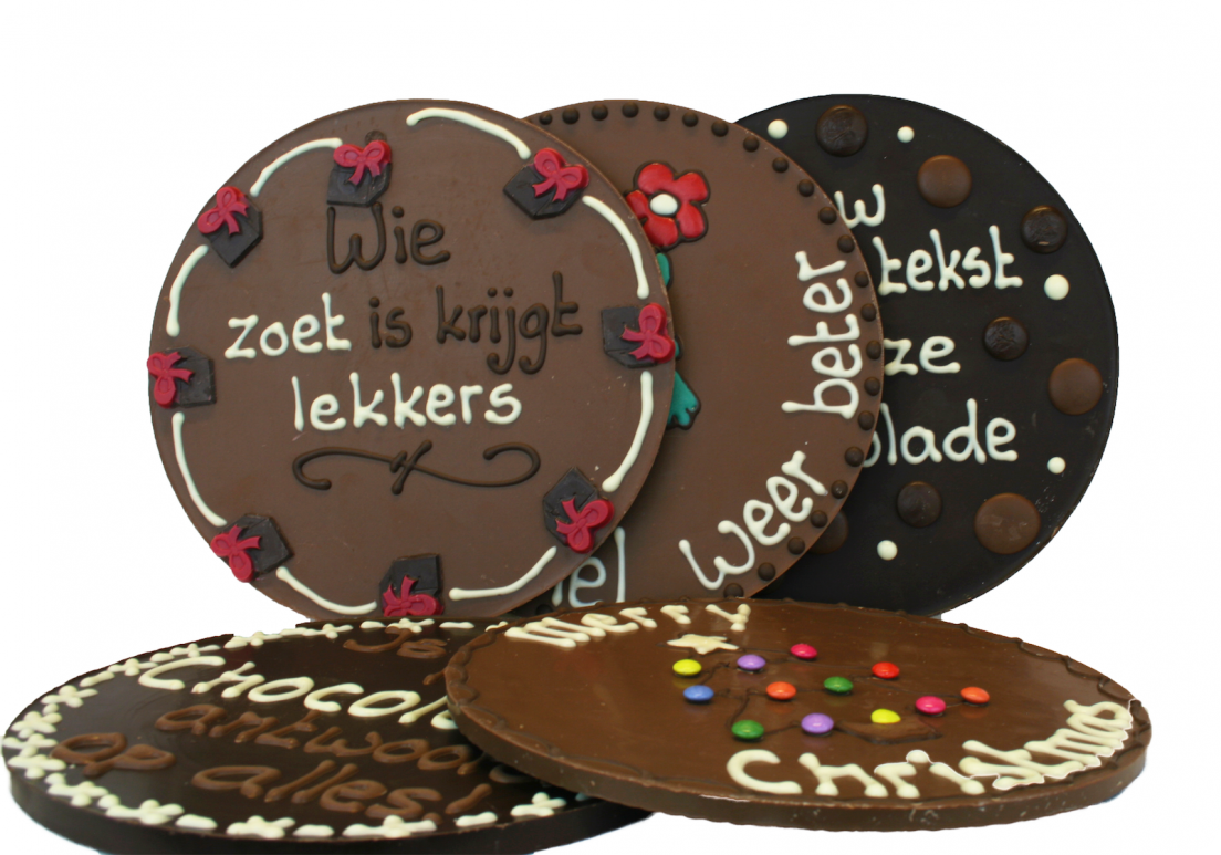 Voorbeelden van ronde chocoladeplakkaten met tekst